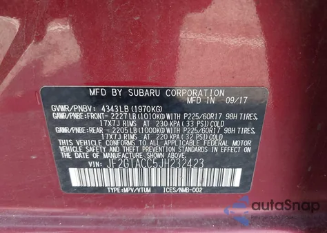 2018 Subaru Crosstrek 2.0I Premium z USA, uszkodzony, nr VIN JF2GTACC5JH232423